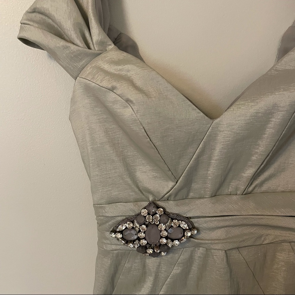 Badgley Mischka Cocktail Dress • Silver Shimmer with Broach & Cuff Off Shoulder